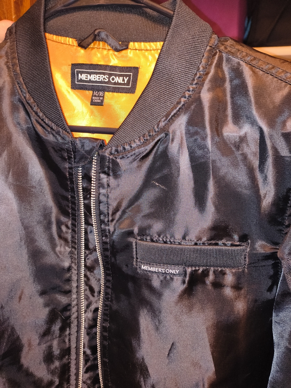 Members Only Black Bomber Jacket with Orange Lining
